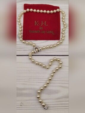 Kenneth Jay Lane Ivory Pearl Lariat Necklace with Crystal Accents Vintage
